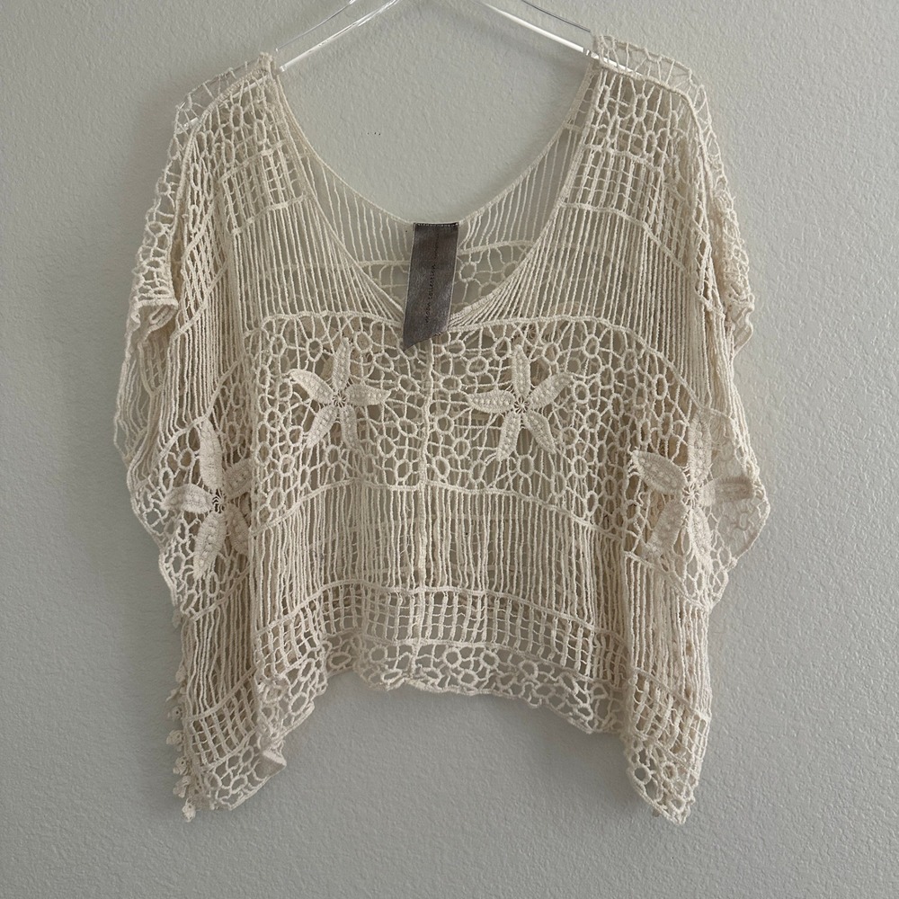 Moon Collection Crochet Poncho Top Womens One Size Cream Boho Starfish Lace
